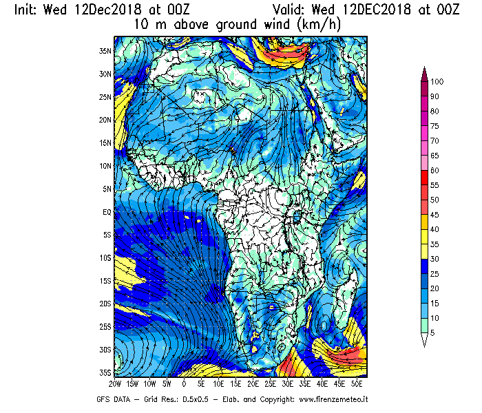 Mappa di analisi GFS - Velocità del vento a 10 metri dal suolo [km/h] in Africa
									del 12/12/2018 00 <!--googleoff: index-->UTC<!--googleon: index-->