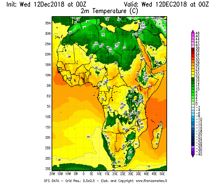 Mappa di analisi GFS - Temperatura a 2 metri dal suolo [°C] in Africa
									del 12/12/2018 00 <!--googleoff: index-->UTC<!--googleon: index-->