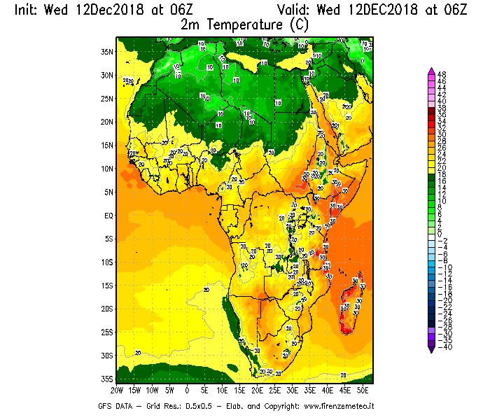 Mappa di analisi GFS - Temperatura a 2 metri dal suolo [°C] in Africa
									del 12/12/2018 06 <!--googleoff: index-->UTC<!--googleon: index-->