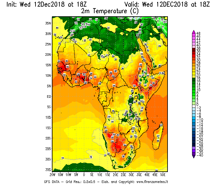 Mappa di analisi GFS - Temperatura a 2 metri dal suolo [°C] in Africa
									del 12/12/2018 18 <!--googleoff: index-->UTC<!--googleon: index-->