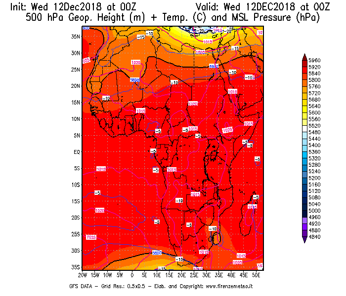 Mappa di analisi GFS - Geopotenziale [m] + Temp. [°C] a 500 hPa + Press. a livello del mare [hPa] in Africa
									del 12/12/2018 00 <!--googleoff: index-->UTC<!--googleon: index-->