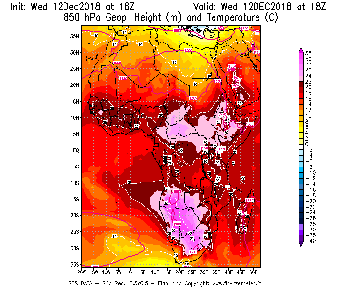 Mappa di analisi GFS - Geopotenziale [m] e Temperatura [°C] a 850 hPa in Africa
									del 12/12/2018 18 <!--googleoff: index-->UTC<!--googleon: index-->