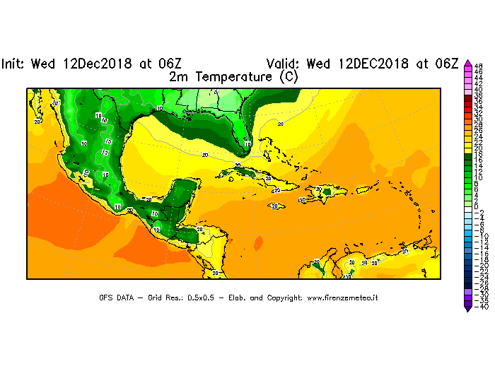 Mappa di analisi GFS - Temperatura a 2 metri dal suolo [°C] in Centro-America
									del 12/12/2018 06 <!--googleoff: index-->UTC<!--googleon: index-->