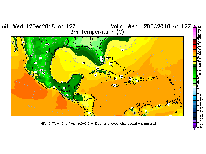 Mappa di analisi GFS - Temperatura a 2 metri dal suolo [°C] in Centro-America
									del 12/12/2018 12 <!--googleoff: index-->UTC<!--googleon: index-->