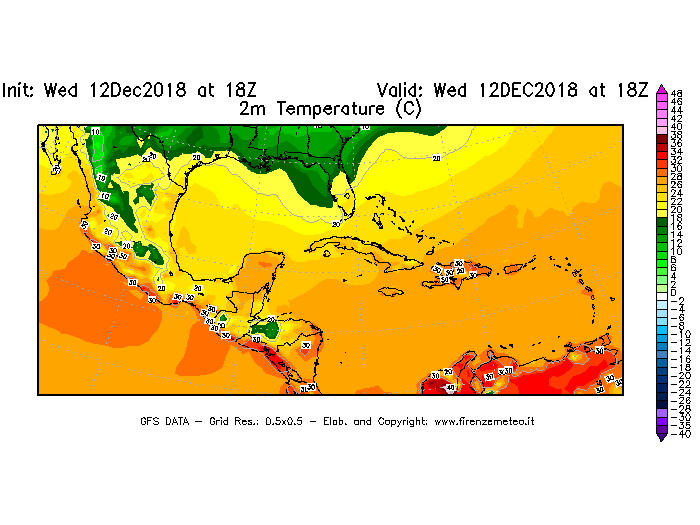 Mappa di analisi GFS - Temperatura a 2 metri dal suolo [°C] in Centro-America
									del 12/12/2018 18 <!--googleoff: index-->UTC<!--googleon: index-->