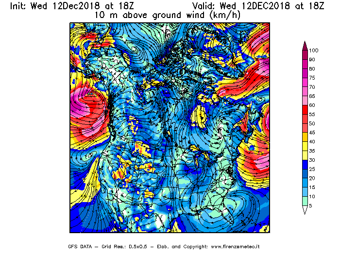 Mappa di analisi GFS - Velocità del vento a 10 metri dal suolo [km/h] in Nord-America
									del 12/12/2018 18 <!--googleoff: index-->UTC<!--googleon: index-->