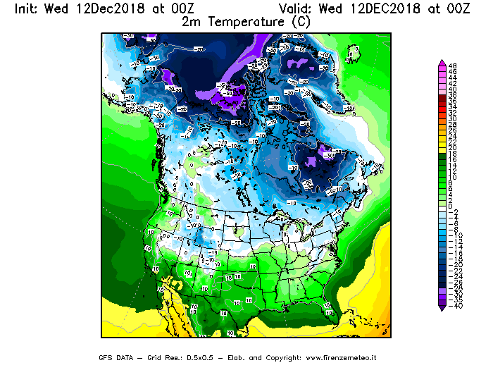Mappa di analisi GFS - Temperatura a 2 metri dal suolo [°C] in Nord-America
									del 12/12/2018 00 <!--googleoff: index-->UTC<!--googleon: index-->