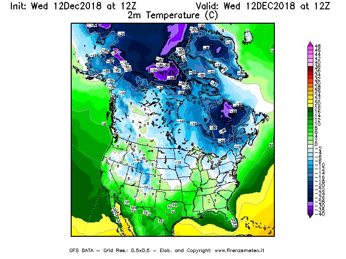 Mappa di analisi GFS - Temperatura a 2 metri dal suolo [°C] in Nord-America
									del 12/12/2018 12 <!--googleoff: index-->UTC<!--googleon: index-->