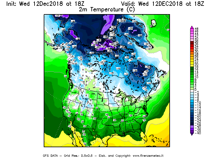 Mappa di analisi GFS - Temperatura a 2 metri dal suolo [°C] in Nord-America
									del 12/12/2018 18 <!--googleoff: index-->UTC<!--googleon: index-->