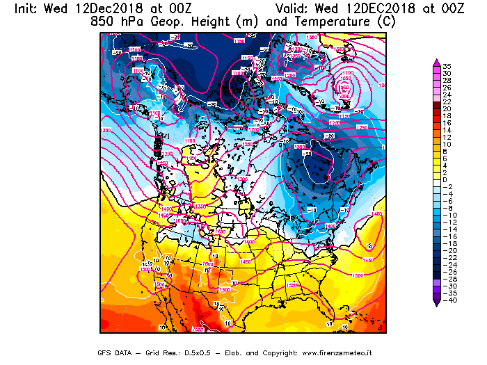 Mappa di analisi GFS - Geopotenziale [m] e Temperatura [°C] a 850 hPa in Nord-America
									del 12/12/2018 00 <!--googleoff: index-->UTC<!--googleon: index-->