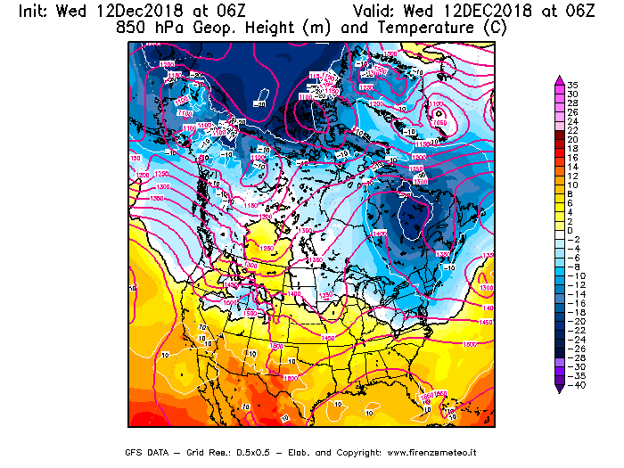 Mappa di analisi GFS - Geopotenziale [m] e Temperatura [°C] a 850 hPa in Nord-America
									del 12/12/2018 06 <!--googleoff: index-->UTC<!--googleon: index-->