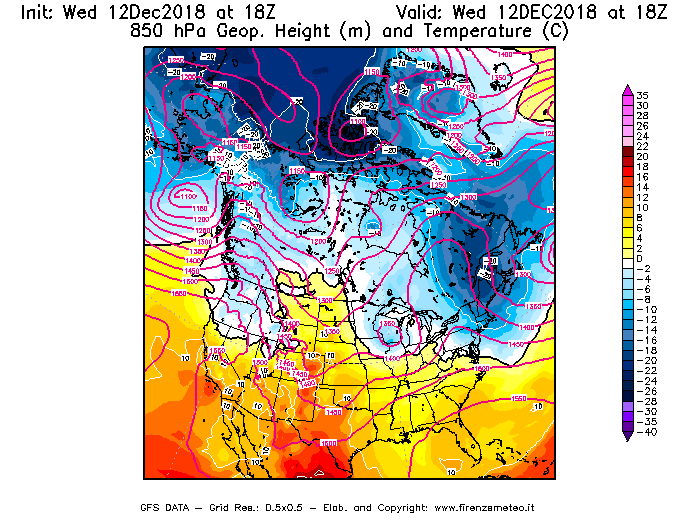 Mappa di analisi GFS - Geopotenziale [m] e Temperatura [°C] a 850 hPa in Nord-America
									del 12/12/2018 18 <!--googleoff: index-->UTC<!--googleon: index-->