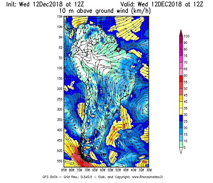 Mappa di analisi GFS - Velocità del vento a 10 metri dal suolo [km/h] in Sud-America
									del 12/12/2018 12 <!--googleoff: index-->UTC<!--googleon: index-->