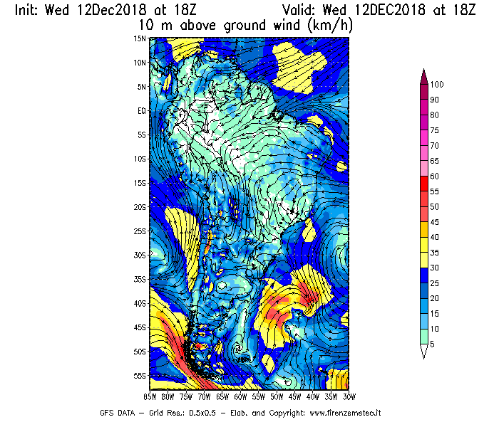 Mappa di analisi GFS - Velocità del vento a 10 metri dal suolo [km/h] in Sud-America
									del 12/12/2018 18 <!--googleoff: index-->UTC<!--googleon: index-->