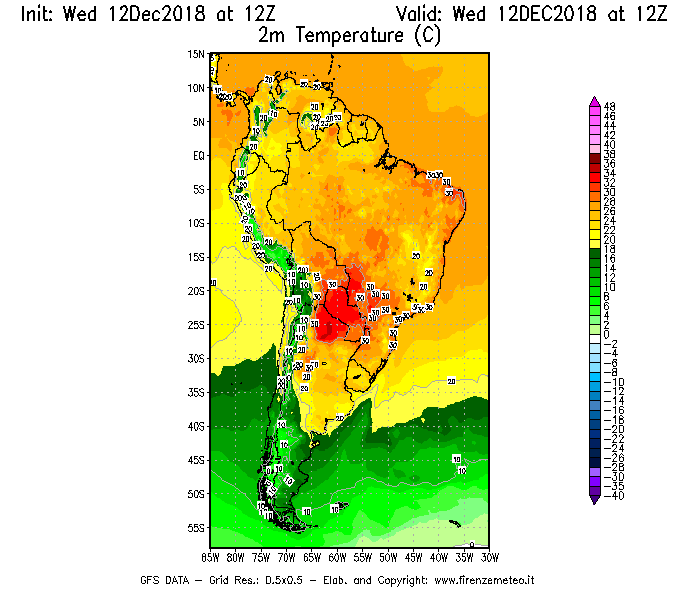 Mappa di analisi GFS - Temperatura a 2 metri dal suolo [°C] in Sud-America
									del 12/12/2018 12 <!--googleoff: index-->UTC<!--googleon: index-->