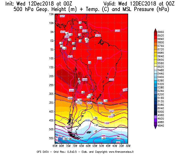 Mappa di analisi GFS - Geopotenziale [m] + Temp. [°C] a 500 hPa + Press. a livello del mare [hPa] in Sud-America
									del 12/12/2018 00 <!--googleoff: index-->UTC<!--googleon: index-->