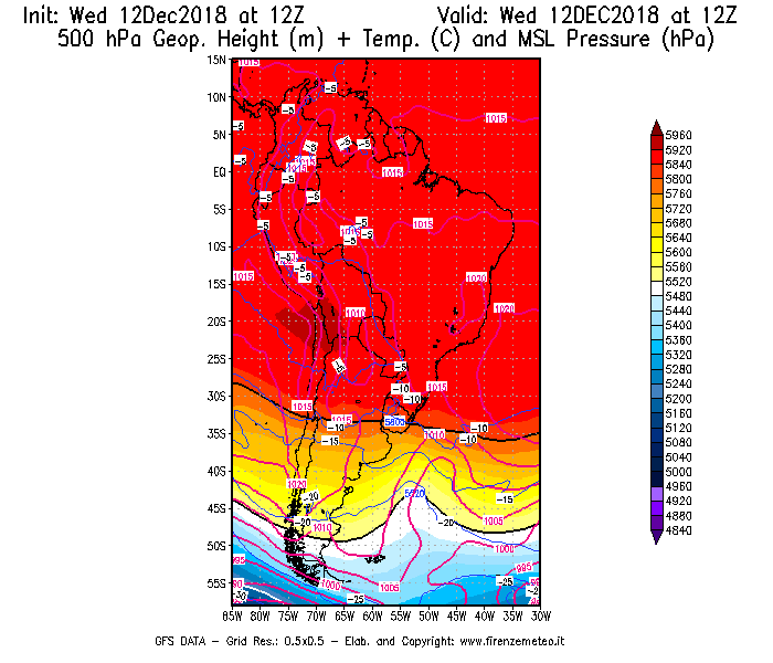 Mappa di analisi GFS - Geopotenziale [m] + Temp. [°C] a 500 hPa + Press. a livello del mare [hPa] in Sud-America
									del 12/12/2018 12 <!--googleoff: index-->UTC<!--googleon: index-->