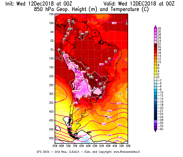 Mappa di analisi GFS - Geopotenziale [m] e Temperatura [°C] a 850 hPa in Sud-America
									del 12/12/2018 00 <!--googleoff: index-->UTC<!--googleon: index-->