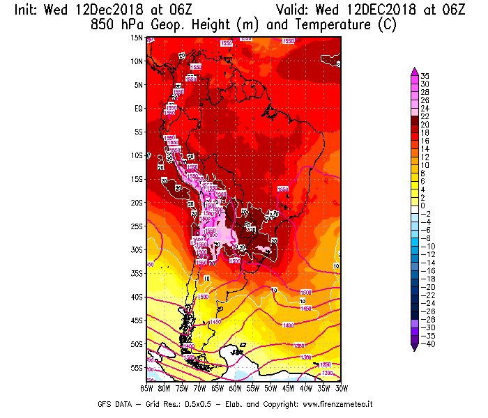 Mappa di analisi GFS - Geopotenziale [m] e Temperatura [°C] a 850 hPa in Sud-America
									del 12/12/2018 06 <!--googleoff: index-->UTC<!--googleon: index-->