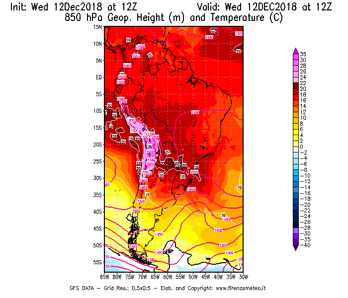 Mappa di analisi GFS - Geopotenziale [m] e Temperatura [°C] a 850 hPa in Sud-America
									del 12/12/2018 12 <!--googleoff: index-->UTC<!--googleon: index-->