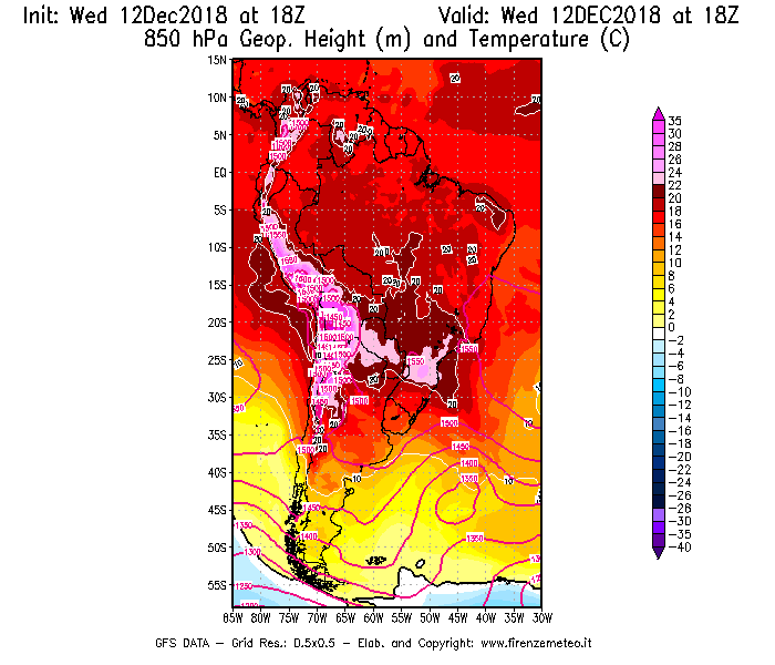 Mappa di analisi GFS - Geopotenziale [m] e Temperatura [°C] a 850 hPa in Sud-America
									del 12/12/2018 18 <!--googleoff: index-->UTC<!--googleon: index-->