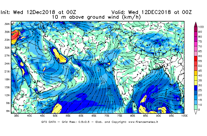 Mappa di analisi GFS - Velocità del vento a 10 metri dal suolo [km/h] in Asia Sud-Occidentale
									del 12/12/2018 00 <!--googleoff: index-->UTC<!--googleon: index-->