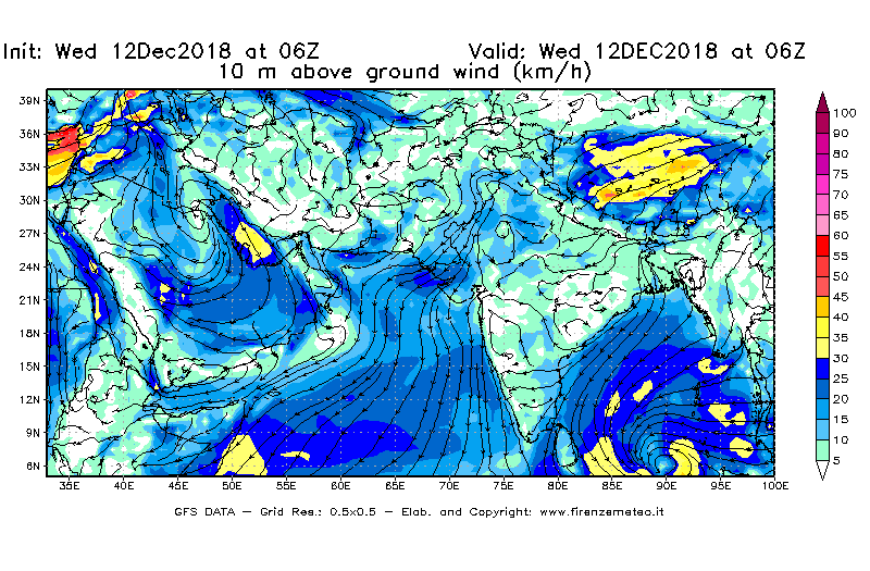 Mappa di analisi GFS - Velocità del vento a 10 metri dal suolo [km/h] in Asia Sud-Occidentale
									del 12/12/2018 06 <!--googleoff: index-->UTC<!--googleon: index-->