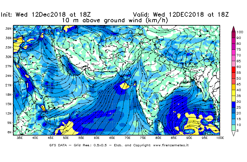 Mappa di analisi GFS - Velocità del vento a 10 metri dal suolo [km/h] in Asia Sud-Occidentale
									del 12/12/2018 18 <!--googleoff: index-->UTC<!--googleon: index-->