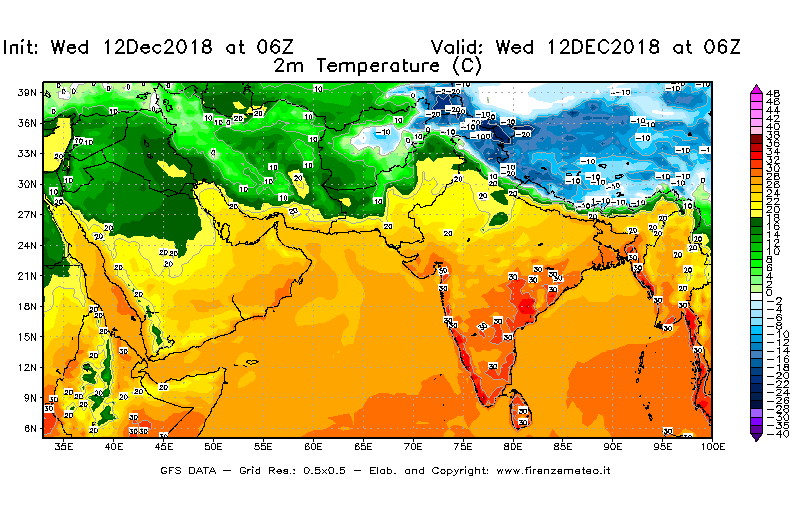 Mappa di analisi GFS - Temperatura a 2 metri dal suolo [°C] in Asia Sud-Occidentale
									del 12/12/2018 06 <!--googleoff: index-->UTC<!--googleon: index-->