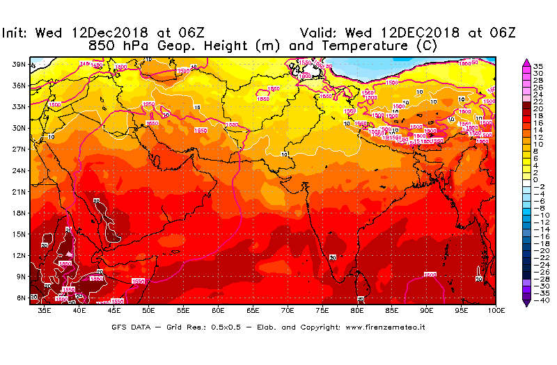 Mappa di analisi GFS - Geopotenziale [m] e Temperatura [°C] a 850 hPa in Asia Sud-Occidentale
									del 12/12/2018 06 <!--googleoff: index-->UTC<!--googleon: index-->