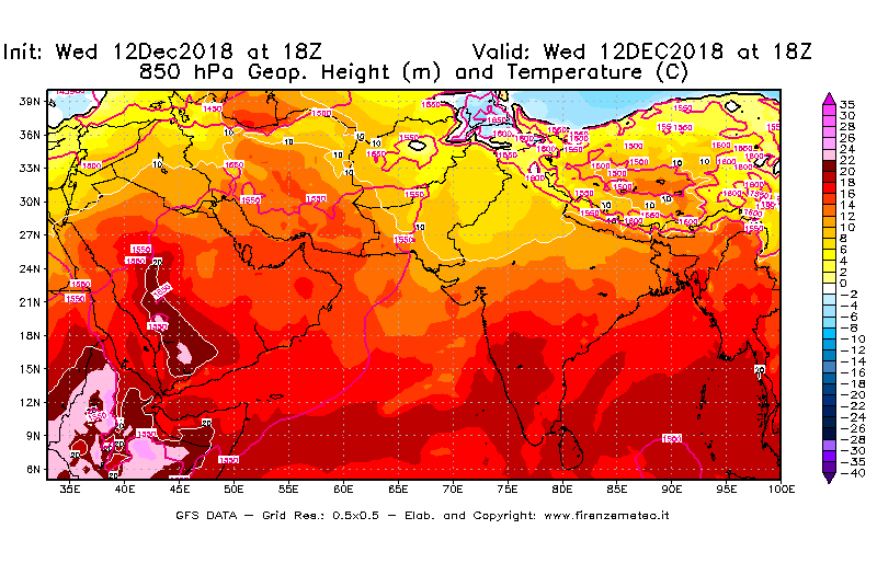 Mappa di analisi GFS - Geopotenziale [m] e Temperatura [°C] a 850 hPa in Asia Sud-Occidentale
									del 12/12/2018 18 <!--googleoff: index-->UTC<!--googleon: index-->