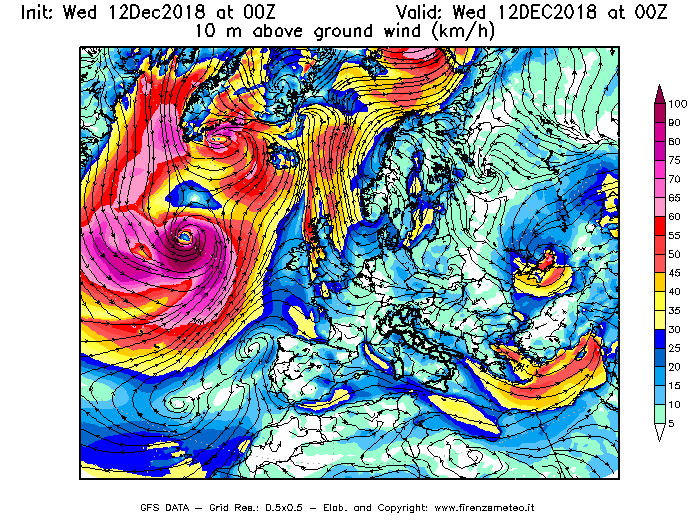 Mappa di analisi GFS - Velocità del vento a 10 metri dal suolo [km/h] in Europa
									del 12/12/2018 00 <!--googleoff: index-->UTC<!--googleon: index-->