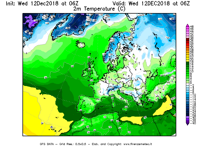 Mappa di analisi GFS - Temperatura a 2 metri dal suolo [°C] in Europa
									del 12/12/2018 06 <!--googleoff: index-->UTC<!--googleon: index-->