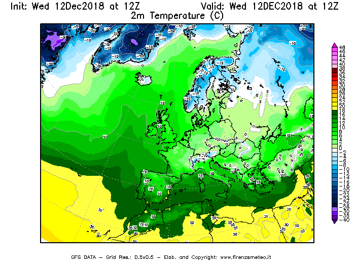 Mappa di analisi GFS - Temperatura a 2 metri dal suolo [°C] in Europa
									del 12/12/2018 12 <!--googleoff: index-->UTC<!--googleon: index-->