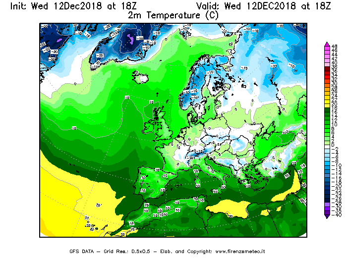 Mappa di analisi GFS - Temperatura a 2 metri dal suolo [°C] in Europa
									del 12/12/2018 18 <!--googleoff: index-->UTC<!--googleon: index-->