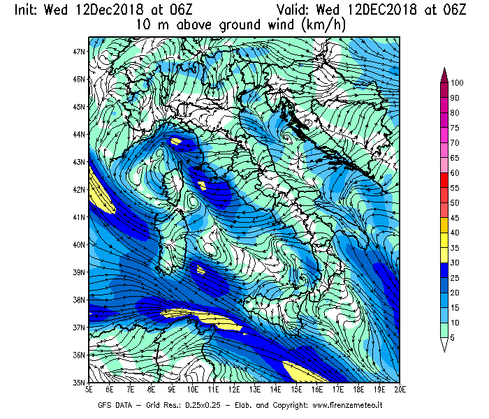 Mappa di analisi GFS - Velocità del vento a 10 metri dal suolo [km/h] in Italia
									del 12/12/2018 06 <!--googleoff: index-->UTC<!--googleon: index-->