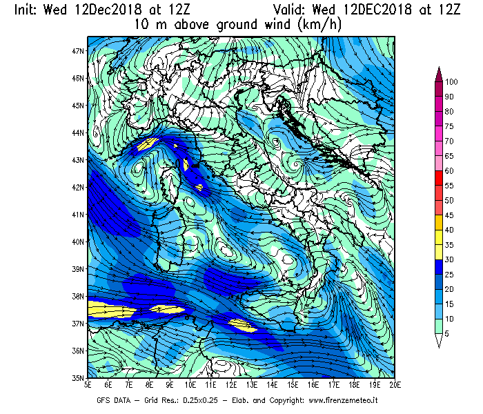 Mappa di analisi GFS - Velocità del vento a 10 metri dal suolo [km/h] in Italia
									del 12/12/2018 12 <!--googleoff: index-->UTC<!--googleon: index-->