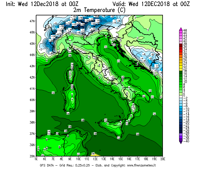 Mappa di analisi GFS - Temperatura a 2 metri dal suolo [°C] in Italia
									del 12/12/2018 00 <!--googleoff: index-->UTC<!--googleon: index-->
