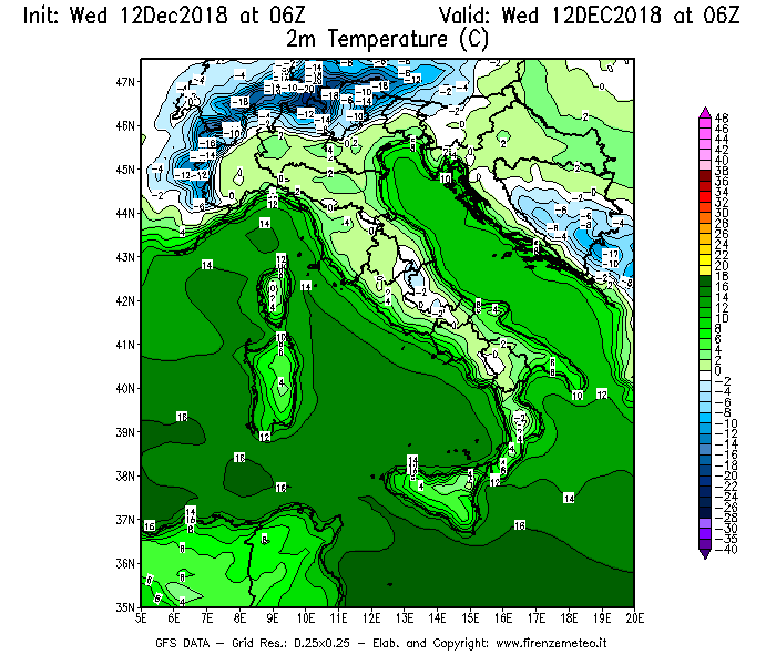 Mappa di analisi GFS - Temperatura a 2 metri dal suolo [°C] in Italia
									del 12/12/2018 06 <!--googleoff: index-->UTC<!--googleon: index-->