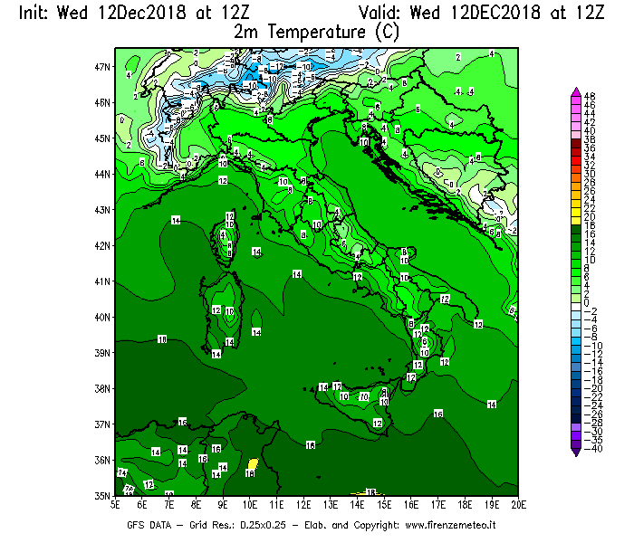 Mappa di analisi GFS - Temperatura a 2 metri dal suolo [°C] in Italia
									del 12/12/2018 12 <!--googleoff: index-->UTC<!--googleon: index-->