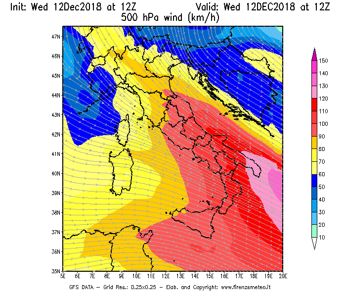 Mappa di analisi GFS - Velocità del vento a 500 hPa [km/h] in Italia
									del 12/12/2018 12 <!--googleoff: index-->UTC<!--googleon: index-->