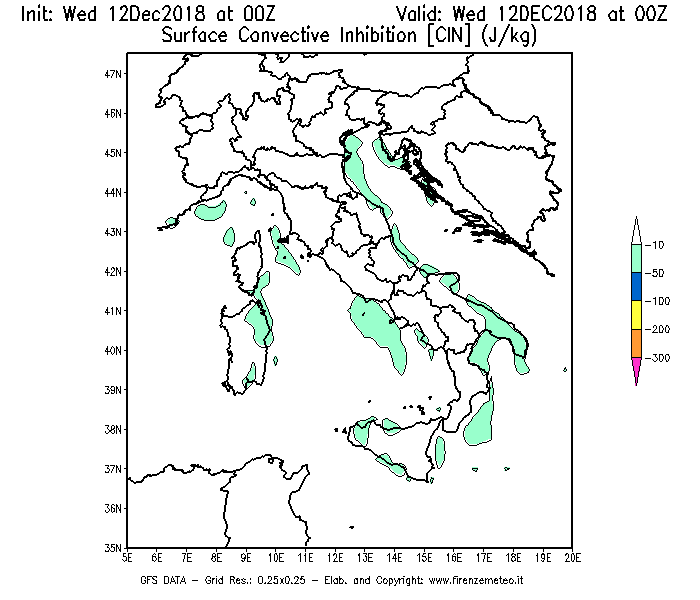 Mappa di analisi GFS - CIN [J/kg] in Italia
									del 12/12/2018 00 <!--googleoff: index-->UTC<!--googleon: index-->