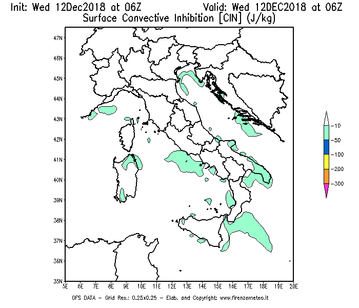 Mappa di analisi GFS - CIN [J/kg] in Italia
									del 12/12/2018 06 <!--googleoff: index-->UTC<!--googleon: index-->