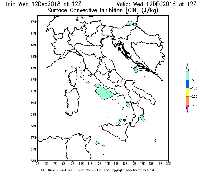 Mappa di analisi GFS - CIN [J/kg] in Italia
									del 12/12/2018 12 <!--googleoff: index-->UTC<!--googleon: index-->