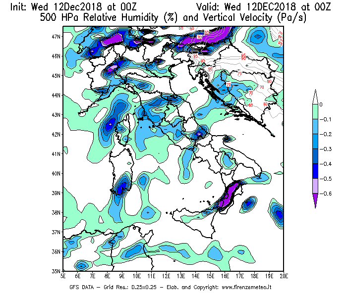 Mappa di analisi GFS - Umidità relativa [%] e Omega [Pa/s] a 500 hPa in Italia
									del 12/12/2018 00 <!--googleoff: index-->UTC<!--googleon: index-->