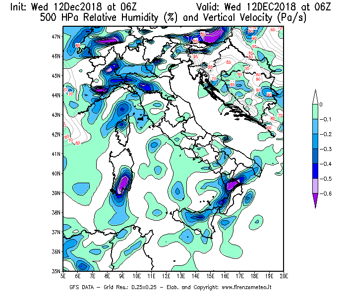 Mappa di analisi GFS - Umidità relativa [%] e Omega [Pa/s] a 500 hPa in Italia
									del 12/12/2018 06 <!--googleoff: index-->UTC<!--googleon: index-->