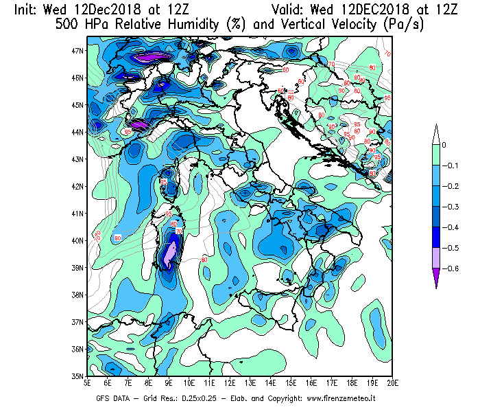 Mappa di analisi GFS - Umidità relativa [%] e Omega [Pa/s] a 500 hPa in Italia
									del 12/12/2018 12 <!--googleoff: index-->UTC<!--googleon: index-->