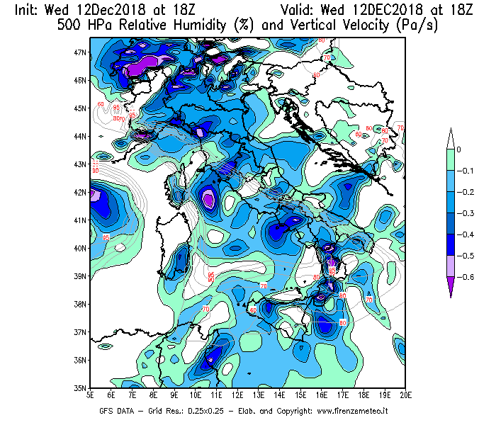 Mappa di analisi GFS - Umidità relativa [%] e Omega [Pa/s] a 500 hPa in Italia
									del 12/12/2018 18 <!--googleoff: index-->UTC<!--googleon: index-->