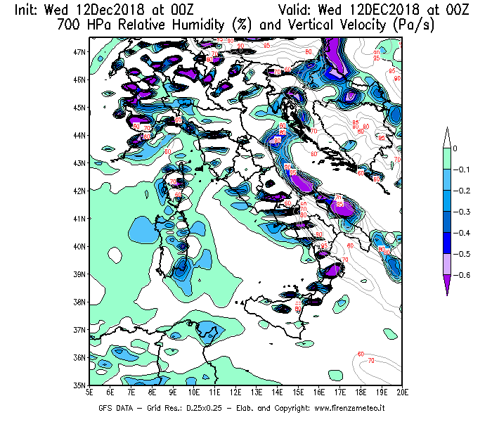 Mappa di analisi GFS - Umidità relativa [%] e Omega [Pa/s] a 700 hPa in Italia
									del 12/12/2018 00 <!--googleoff: index-->UTC<!--googleon: index-->