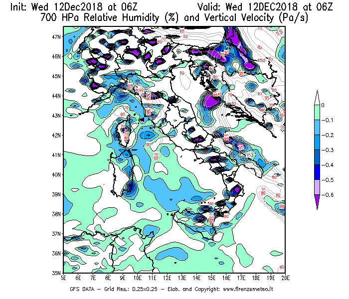 Mappa di analisi GFS - Umidità relativa [%] e Omega [Pa/s] a 700 hPa in Italia
									del 12/12/2018 06 <!--googleoff: index-->UTC<!--googleon: index-->